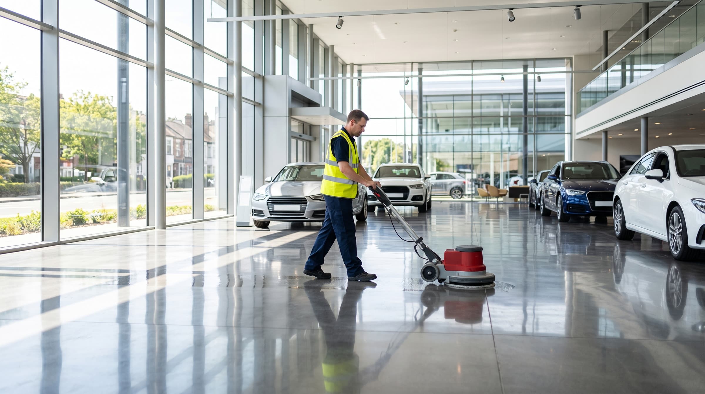 Operative machine-polishing the showroom floor during car dealership cleaning at a bright Devon showroom