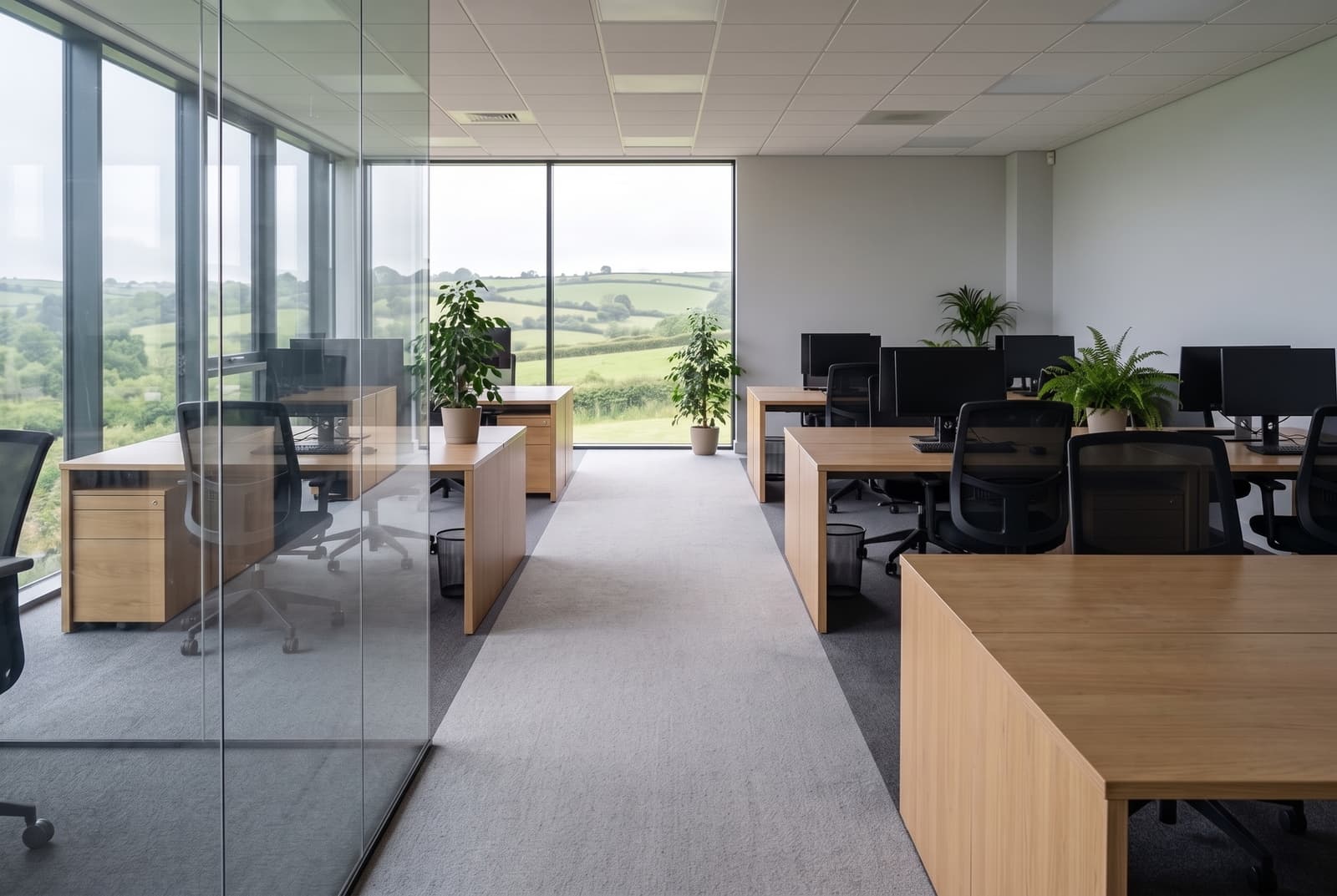The same Devon office after contract cleaning, carpet evenly cleaned, desks clear and glazing streak-free