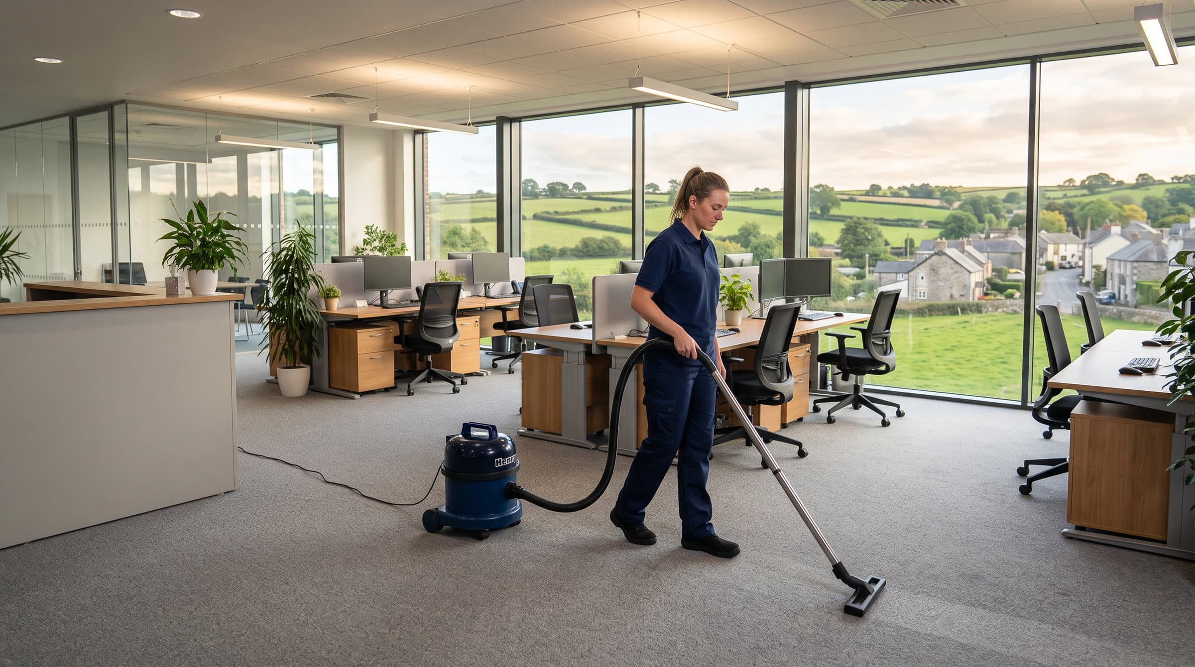 Cleaning operative vacuuming a bright open-plan office during an out-of-hours commercial clean in Devon