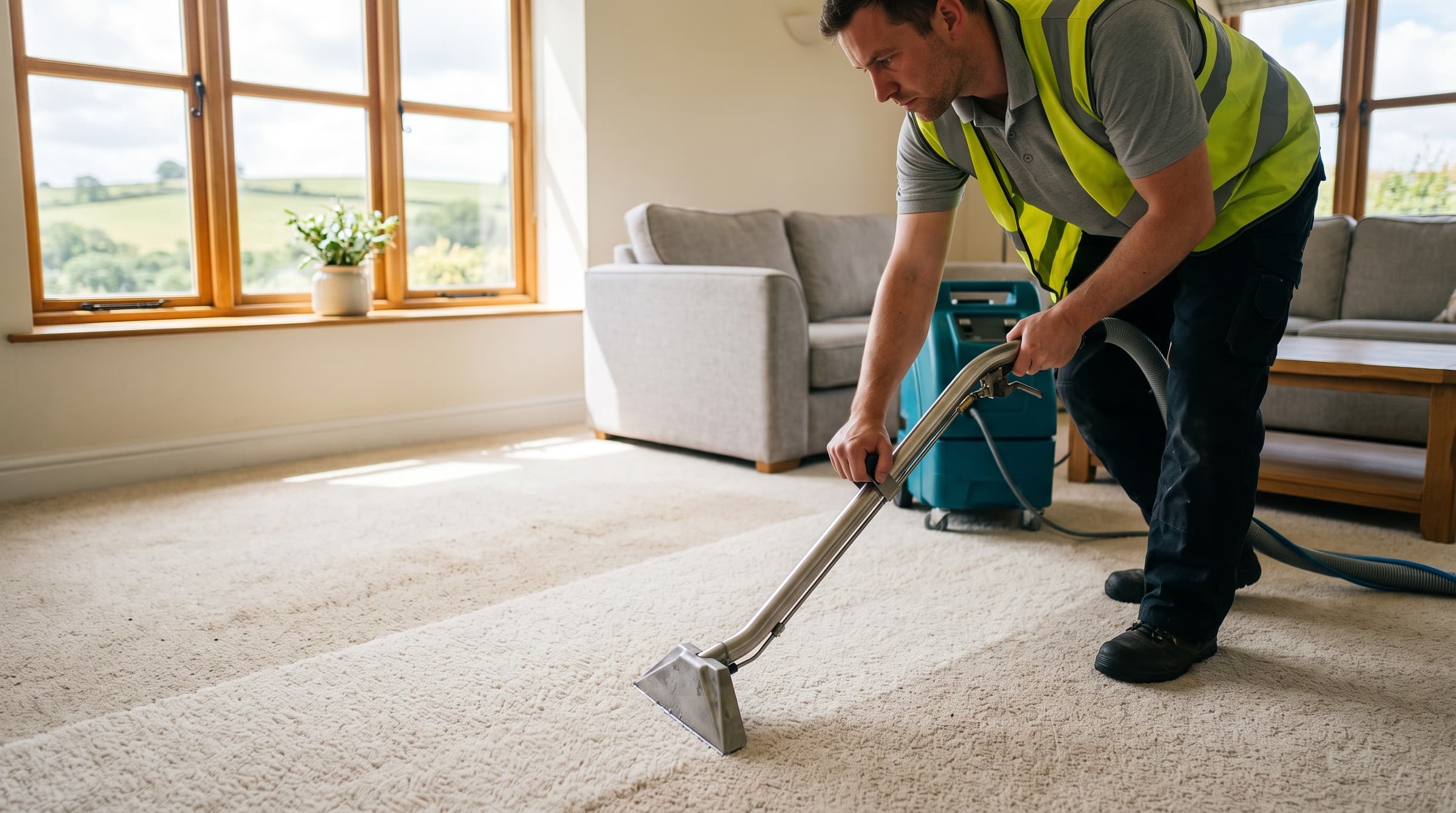 Carpet cleaning technician hot-water-extracting a cream living room carpet in a Devon home