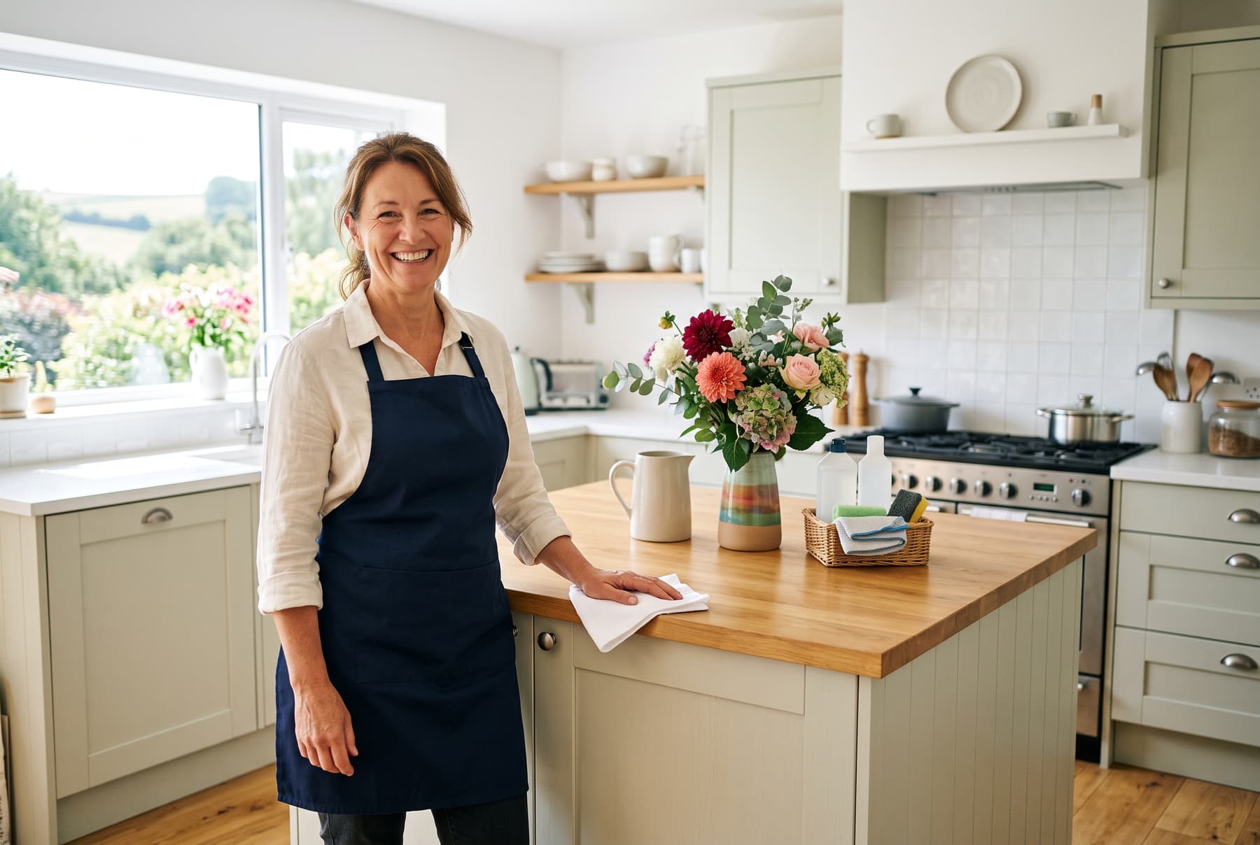 Friendly domestic cleaner wiping a worktop in a bright, spotless Devon farmhouse kitchen