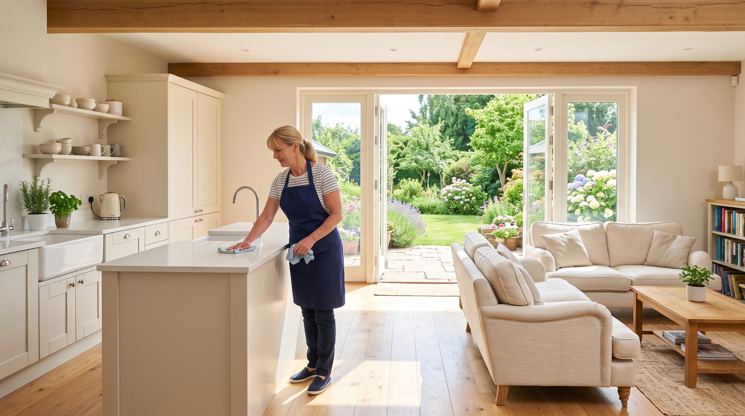 Domestic cleaner wiping a kitchen island in a sunlit open-plan Devon family home