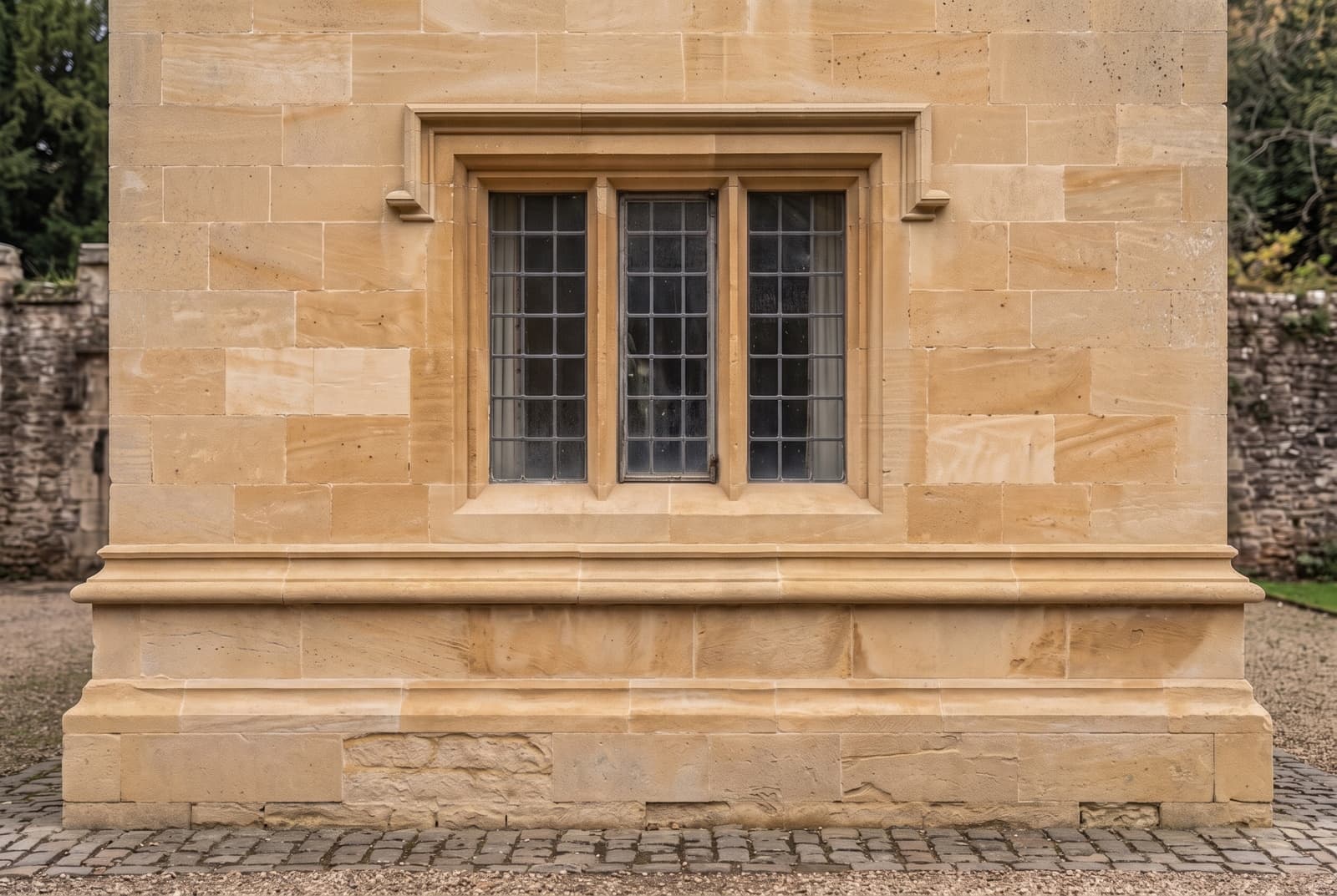 The same Devon stone elevation after DOFF steam cleaning, warm honey stonework with crisp clean mouldings