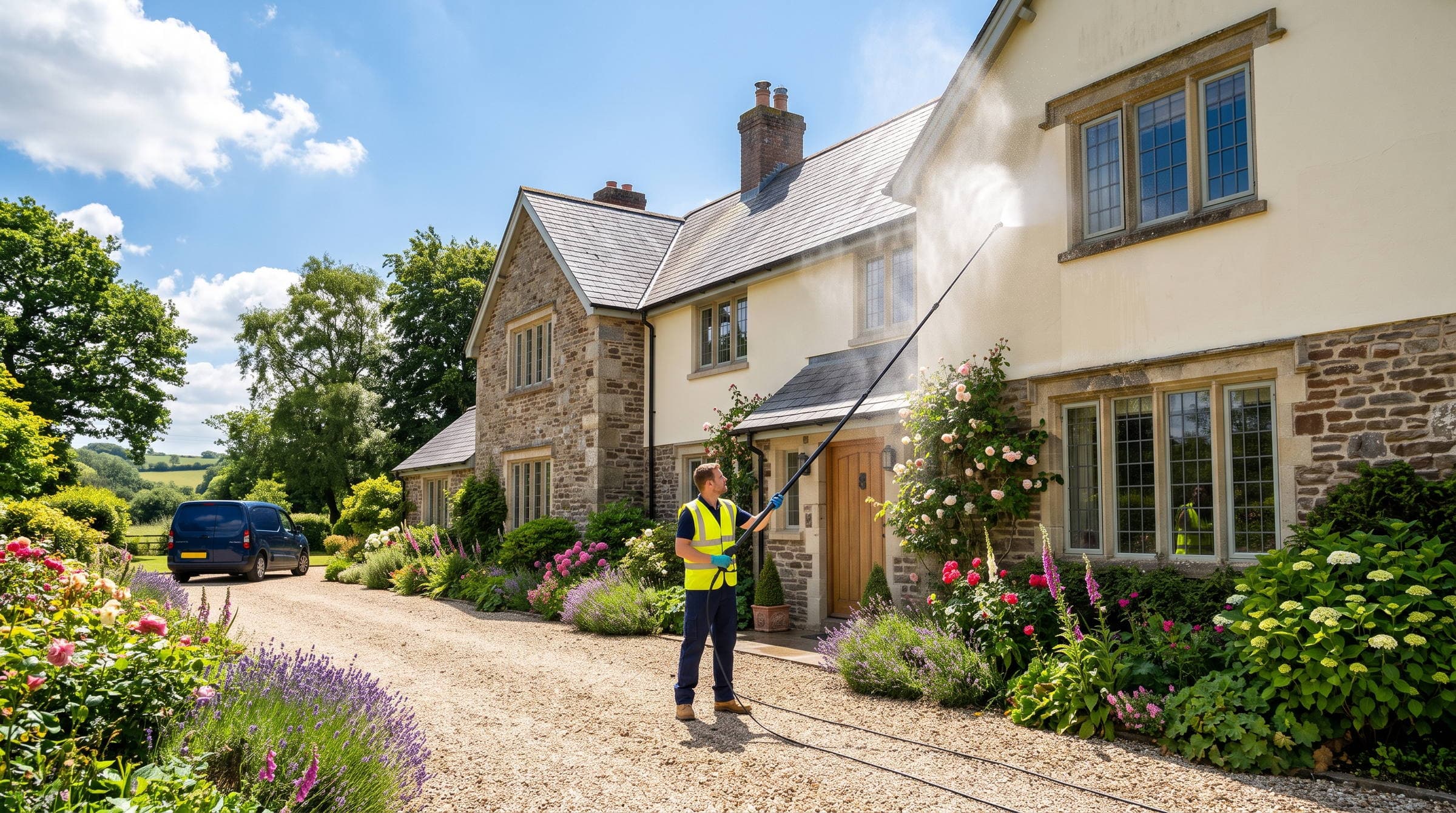 Technician softwashing the render of a Devon country house using a long telescopic lance