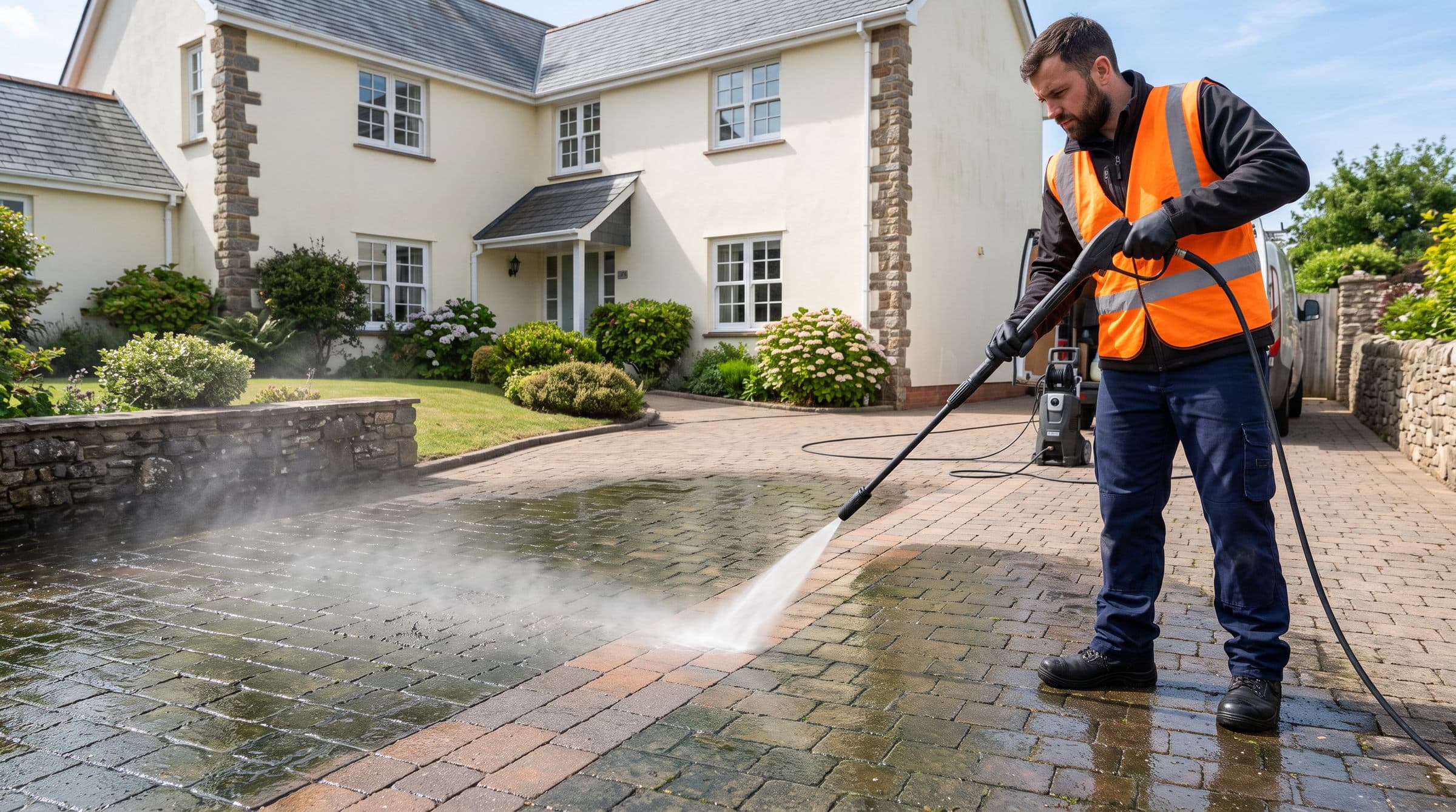 Pressure washing a block-paved driveway outside a Devon home, revealing clean paving through green algae