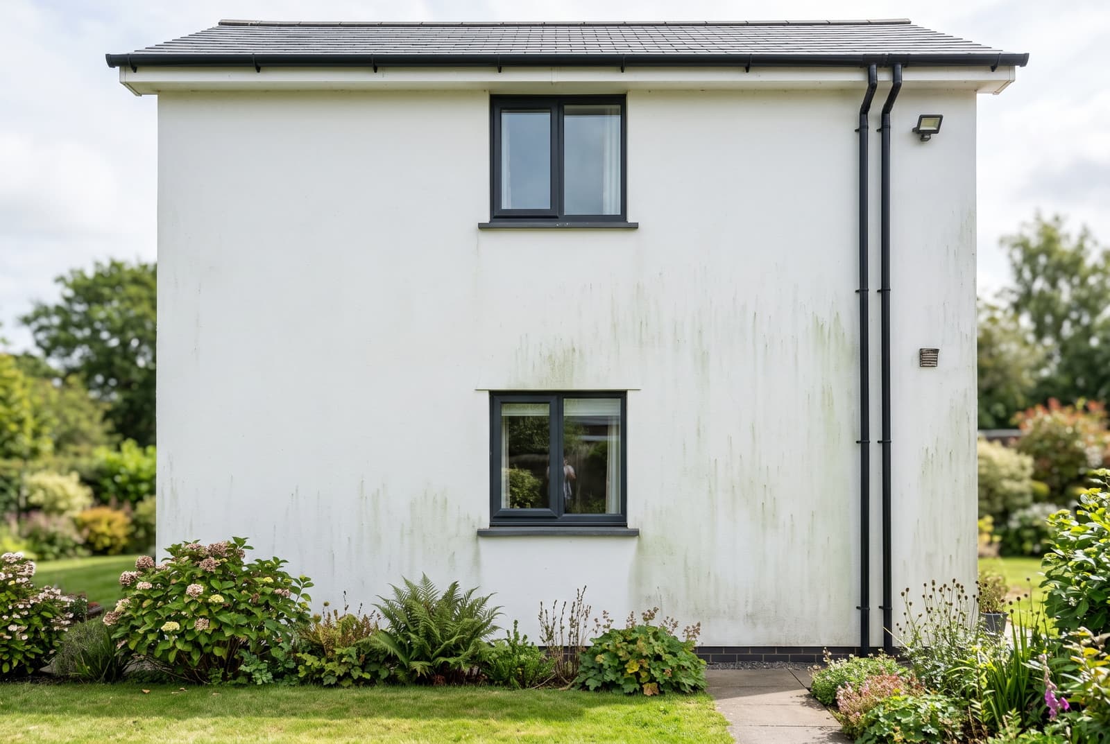 White rendered Devon house elevation streaked with green algae below the sills before render cleaning