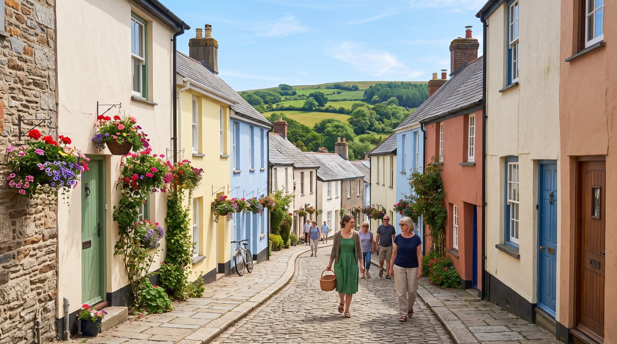 Colourful Ashburton cottages with hanging baskets
