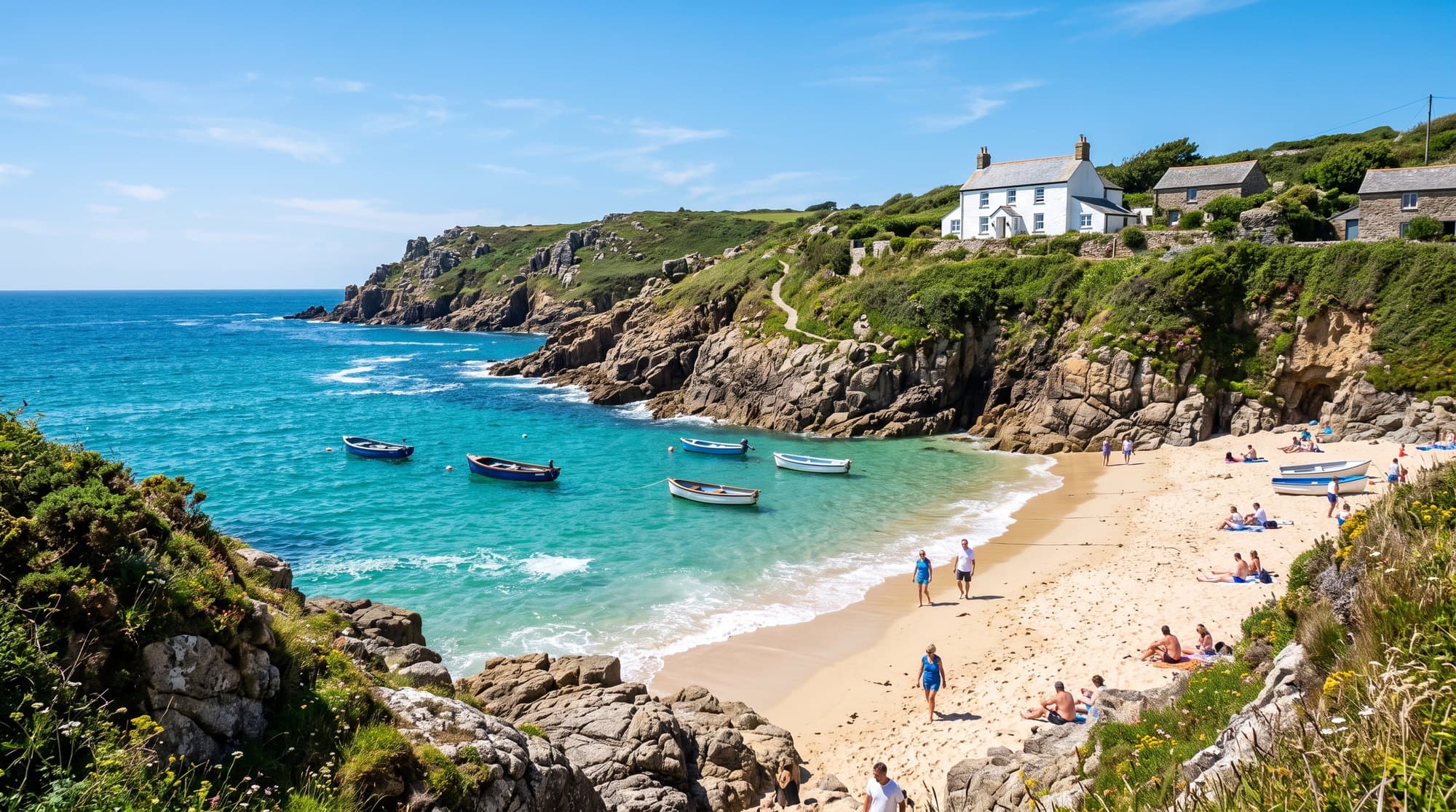 Turquoise Cornish cove with a clifftop cottage