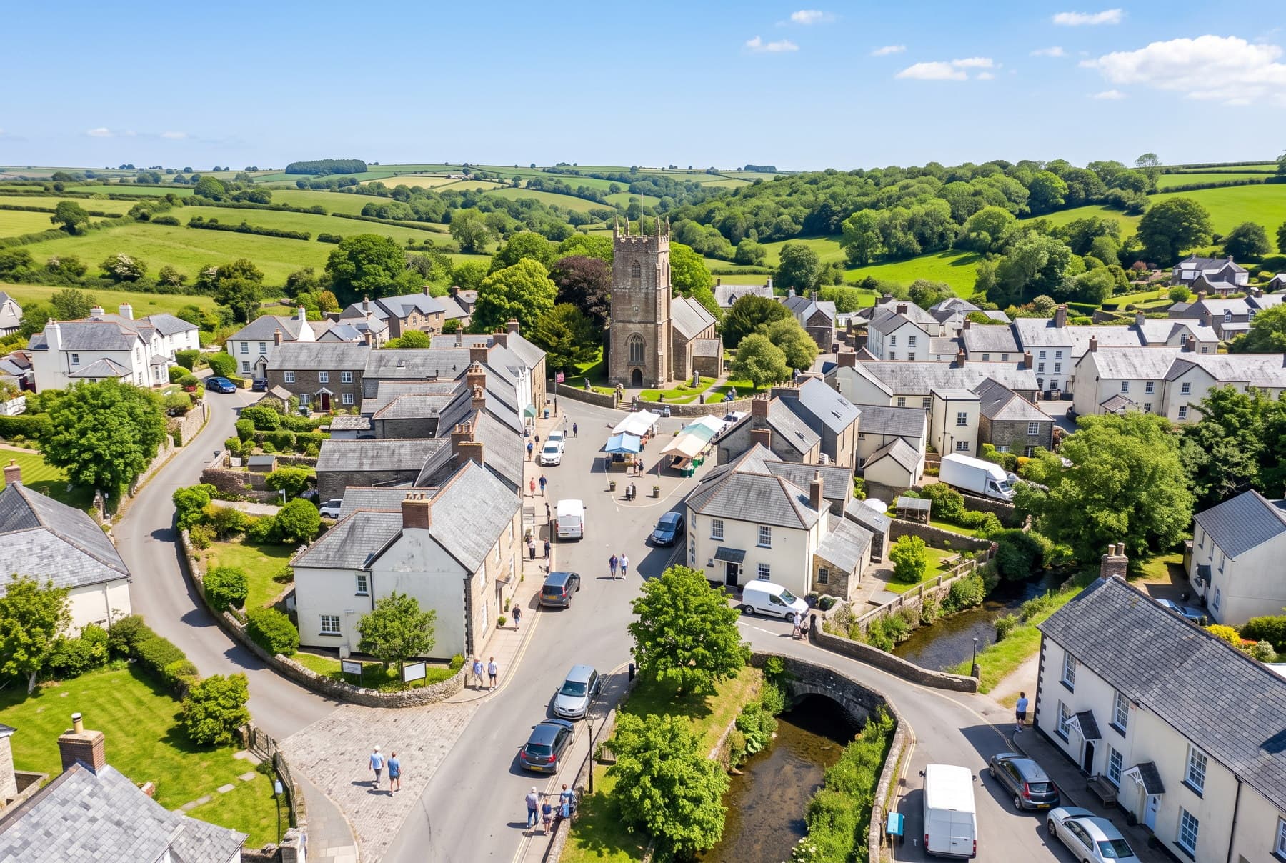 Aerial view over a Devon market town within our cleaning services coverage area