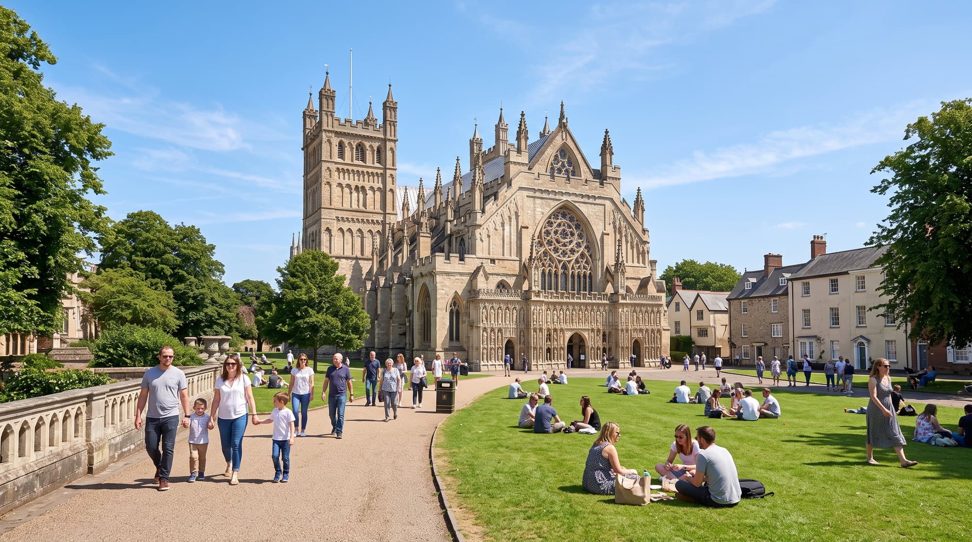 Exeter Cathedral and its green cathedral close on a sunny day