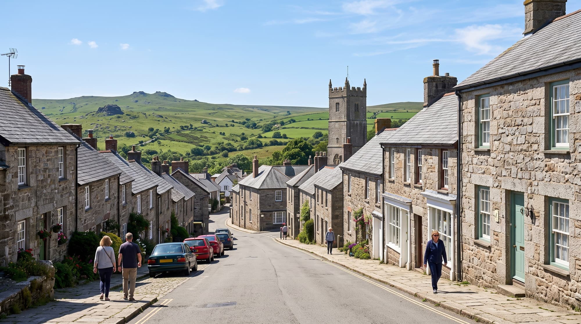 Granite cottages and church tower in Moretonhampstead