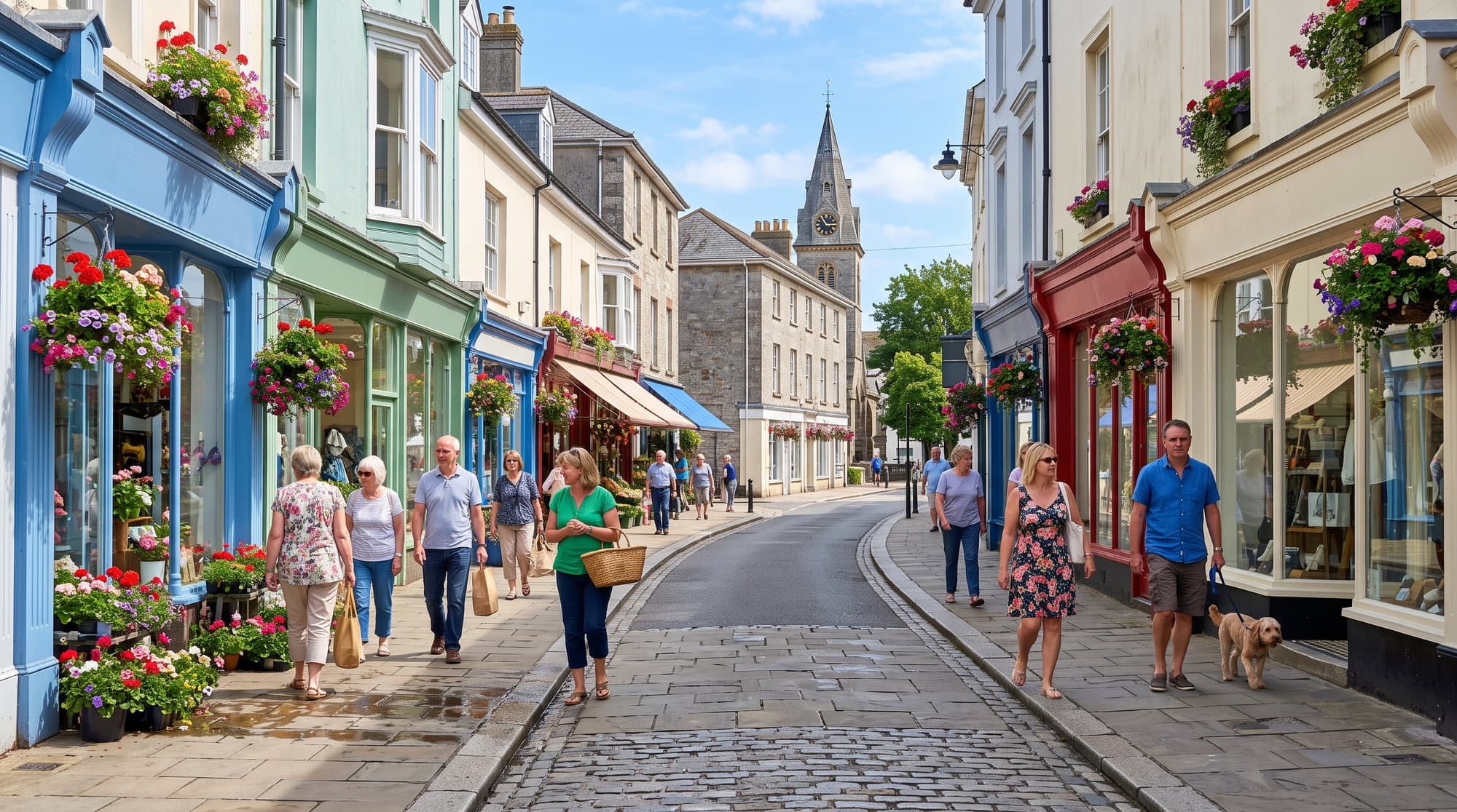 Sunny Newton Abbot high street with colourful shopfronts and flower baskets