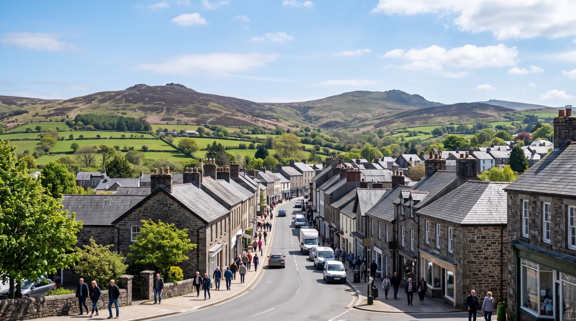 Sunlit Okehampton town street below Dartmoor hills
