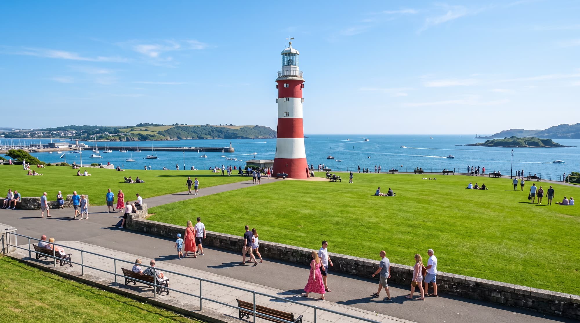 Smeaton's Tower lighthouse on Plymouth Hoe above the blue sea
