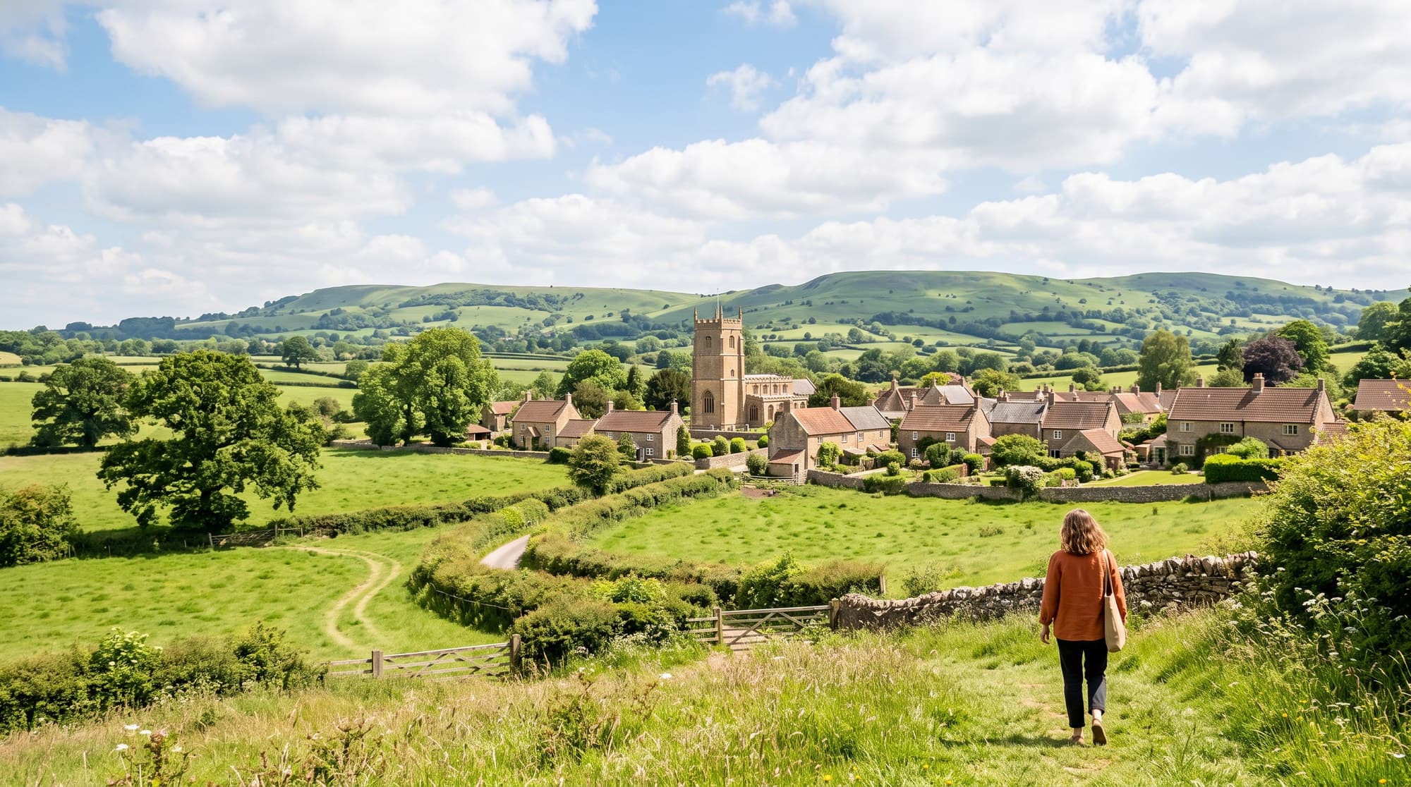 Somerset village with honey-stone cottages and a church tower below the Mendip hills