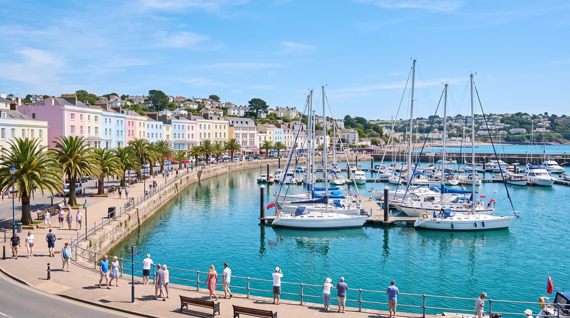 Torbay harbour with white yachts, palm trees and pastel seafront buildings