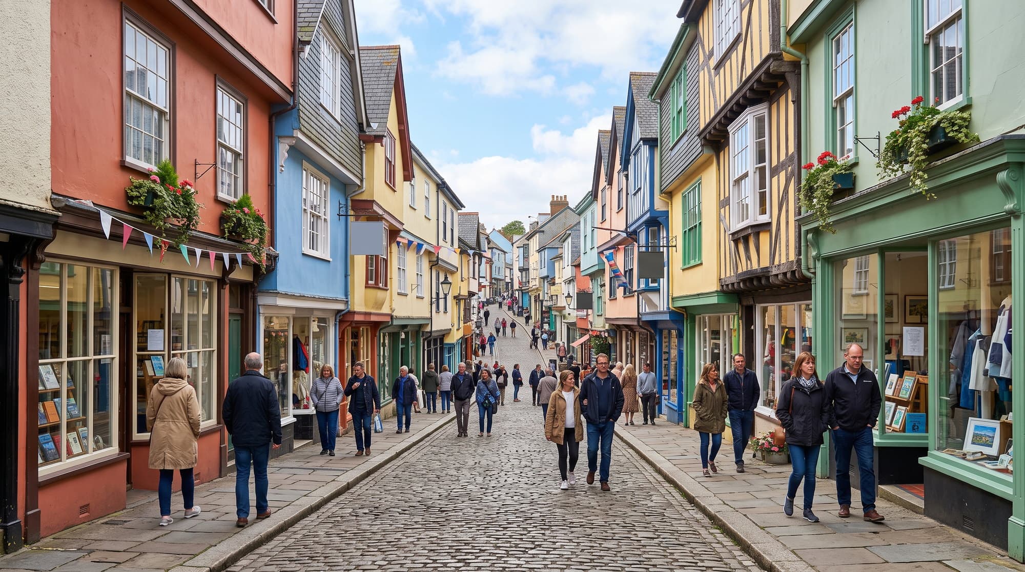 Totnes historic high street rising uphill with painted period buildings